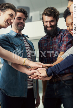 Creative, team and hands together in office for collaboration on work project or task, celebration and synergy. People, huddle and bonding in building of designer company, motivation and achievement. Creative, team and hands together in office for collaboration on work project or task, celebration and synergy. People, huddle and bonding in building of designer company, motivation and achievement. 119214913