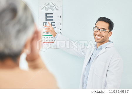 Vision, test for eyes and reading chart, optometrist and patient, healthcare and alphabet at clinic. Eye care, glasses and diagnosis with assessment, health and wellness, people with trust and help Vision, test for eyes and reading chart, optometrist and patient, healthcare and alphabet at clinic. Eye care, glasses and diagnosis with assessment, health and wellness, people with trust and help 119214957
