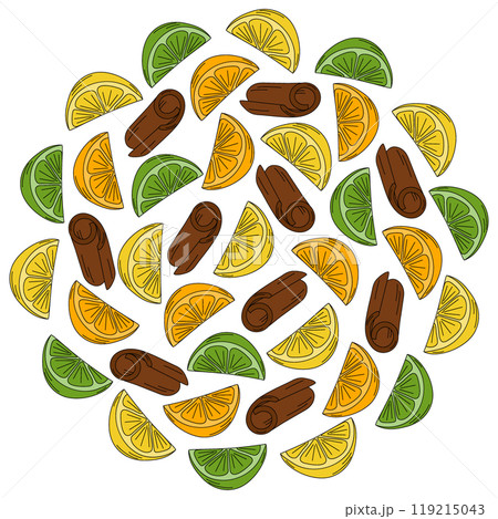 Citrus and cinnamon stick Colorful Round background texture in trendy bright shades. Backdrop idea Citrus and cinnamon stick Colorful Round background texture in trendy bright shades. Backdrop idea 119215043