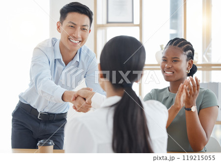 Handshake, office and success with partnership deal together at corporate company meeting. Professional b2b agreement and negotiation with cheerful clapping applause in office workplace. 119215055