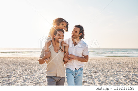 Gay couple, piggyback and relax with family at beach for seaside holiday, support and travel mockup. Summer, vacation and love with men and child in nature for lgbtq, happiness and bonding together Gay couple, piggyback and relax with family at beach for seaside holiday, support and travel mockup. Summer, vacation and love with men and child in nature for lgbtq, happiness and bonding together 119215159