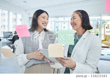 Business women, teamwork and planning on glass board for marketing timeline, calendar and happy ideas in office. Professional manager and people with workflow, sticky notes and scrum or agile goals Business women, teamwork and planning on glass board for marketing timeline, calendar and happy ideas in office. Professional manager and people with workflow, sticky notes and scrum or agile goals 119215161