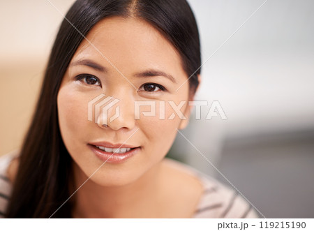 Young, asian business woman or portrait for happy in career or job satisfaction with ambition. Japanese person, smile or face as designer in office or confident as creative professional in workplace 119215190