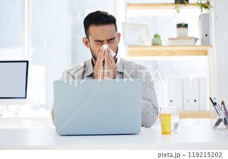 Business man, tissue and blowing nose in office for flu illness, mucus or allergies with medication. Sick, virus and male employee for healthcare problem, bacteria infection or pneumonia disease Business man, tissue and blowing nose in office for flu illness, mucus or allergies with medication. Sick, virus and male employee for healthcare problem, bacteria infection or pneumonia disease 119215202