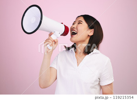 Megaphone announcement, portrait and woman shout sales discount, promotion deal or broadcast news information. Excited speech, studio and speaker noise, communication and voice on pink background 119215354