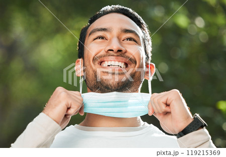 Corona, Asian man and take off mask for end of pandemic, vaccine safety and outdoor protected. Covid policy, happy guy and Japanese person remove face cover for breathing and decrease infection rates Corona, Asian man and take off mask for end of pandemic, vaccine safety and outdoor protected. Covid policy, happy guy and Japanese person remove face cover for breathing and decrease infection rates 119215369