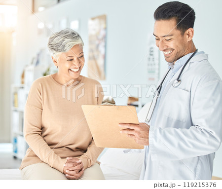 Consulting, medical and results with old woman and doctor for planning, surgery and life insurance. Medicine, healthcare and report with man and senior patient in hospital for help, exam or checklist 119215376