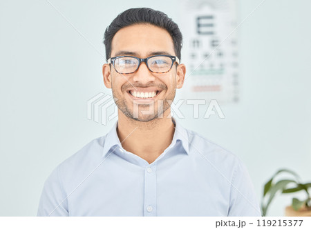 Man, face or glasses for vision, eye exam or optometry in clinic wellness, health or prescription frames. Happy, person, portrait or Mexican patient in optician, ophthalmology and eyesight assessment 119215377