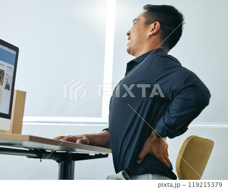 Stress, spine or businessman with back pain injury, fatigue or burnout in workplace, office or startup company. Posture problem, tired developer or injured web designer frustrated by muscle tension 119215379