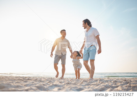 Gay couple, travel and holding hands with family at beach for seaside holiday, support and mockup. Summer, vacation and love with men and child in nature for lgbtq, happiness and bonding together 119215427