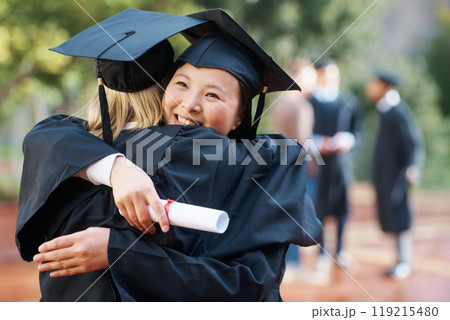 Women, hug and graduation with celebration, ceremony and achievement with knowledge and success. Friends, university and students with education and embrace with support and certificate with diploma 119215480