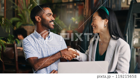 Japanese business woman, man and handshake by laptop, talking and tablet with deal, advice and finance startup. Person, financial advisor and agreement with information, investing knowledge and chat Japanese business woman, man and handshake by laptop, talking and tablet with deal, advice and finance startup. Person, financial advisor and agreement with information, investing knowledge and chat 119215658