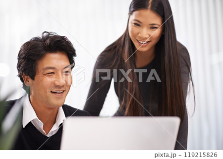 Happy, mentor and teamwork on laptop in office with businessman learning from support of woman. Feedback, advice or manager training asian man on computer in collaboration and reading online research Happy, mentor and teamwork on laptop in office with businessman learning from support of woman. Feedback, advice or manager training asian man on computer in collaboration and reading online research 119215826
