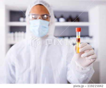 Danger, medical and man with liquid vial, sample and vaccination with bacteria, biohazard and warning. Person, face mask and researcher with test tube, safety and medicine with symbol and science 119215842