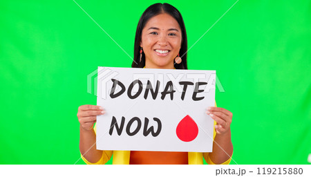 Portrait of woman, billboard and blood donation on green screen for advertising against a studio background. Happy Asian female person with sign or poster in donate, healthcare or volunteer on mockup 119215880