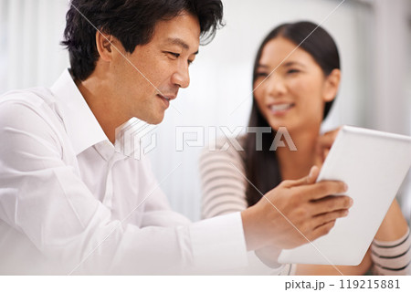 Work, cooperation and people with tablet for collaboration in Japanese startup with teamwork. Planning, project and development in Tokyo office with research process online with feedback discussion 119215881