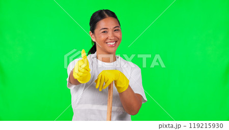 Happy woman, portrait or thumbs up on green screen for cleaning, hygiene or success on studio background. Asian person, maid or cleaner with like gesture, broom or yes sign for maintenance agreement 119215930