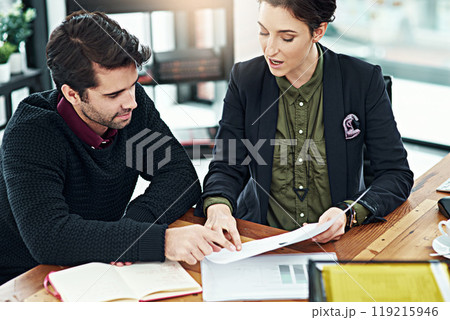 Business people, meeting and documents for research or ideas, communication and teamwork with brainstorming. Corporate collaboration, paperwork with market stats and data analytics for discussion 119215946