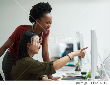 Internship, women and computer at desk for opinion, mentorship and female consultant in office for project. Coaching, feedback and support from colleague in workplace for global start up company Internship, women and computer at desk for opinion, mentorship and female consultant in office for project. Coaching, feedback and support from colleague in workplace for global start up company 119216019
