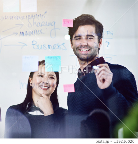 Partners, glass and writing notes for planning in office, teamwork and seo idea for solution. Business people, smile and together for problem solving, support and speaking for project to brainstorm Partners, glass and writing notes for planning in office, teamwork and seo idea for solution. Business people, smile and together for problem solving, support and speaking for project to brainstorm 119216020