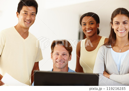 Diversity, people and smile at office with computer for teamwork, collaboration and coworking. Colleagues, group and happy in portrait for startup company or business and satisfied with growth 119216285