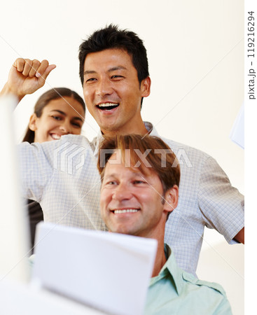 Business people, sucess and deal in office, happy or cheering for corporate negotiation or policy change. Legal team, paperwork and congratulations for company teamwork and diversity for partnership 119216294