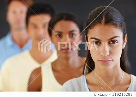 Diversity, colleagues and confident in row for teamwork or collaboration and coworking with dark background as graphic designers. Portrait, coworker and people as employees for startup business. 119216295