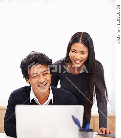 Happy, cooperation and teamwork on laptop in office with businessman learning from support of woman. Feedback, advice and manager training asian man on computer in collaboration and reading email 119216353