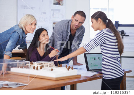 Architecture, building and model with developer team in office together for meeting or planning. Collaboration, construction or creative with man and woman architect group in workplace for design Architecture, building and model with developer team in office together for meeting or planning. Collaboration, construction or creative with man and woman architect group in workplace for design 119216354