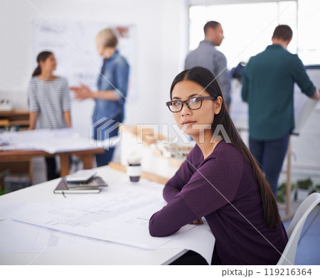 Portrait, architecture and blueprint with designer asian woman in office for construction, planning or project management. Building, design and documents with architect in workplace for development 119216364