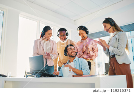 Happy business people, call center and applause in promotion, bonus or congratulations at office. Group or team smile clapping for customer service or contact us in winning achievement at workplace Happy business people, call center and applause in promotion, bonus or congratulations at office. Group or team smile clapping for customer service or contact us in winning achievement at workplace 119216371