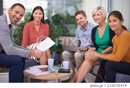 Creative business, portrait and team with documents in meeting for collaboration, planning or finance at office. Group of happy employees with smile or paperwork for financial startup at workplace 119216474