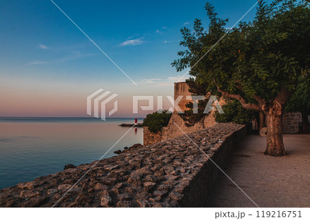 Krk Croatia 28.06.24 The walls of the Frankopan fortress at sunrise Krk Croatia 28.06.24 The walls of the Frankopan fortress at sunrise 119216751