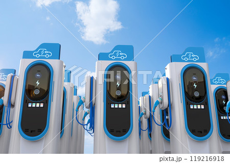 Group of ev charging stations or electric vehicle recharging stations 119216918