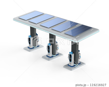 Group of ev charging stations or electric vehicle recharging stations 119216927