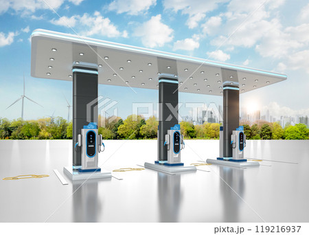 Group of ev charging stations or electric vehicle recharging stations 119216937