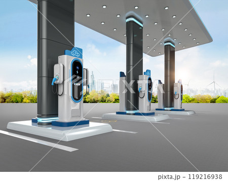 Group of ev charging stations or electric vehicle recharging stations 119216938