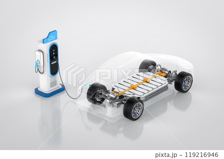 Ev car or electric vehicle plug in at recharging station 119216946