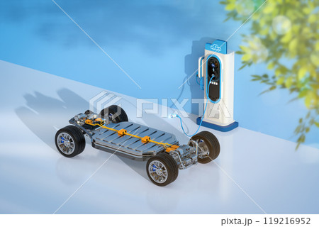 Ev car or electric vehicle plug in at recharging station 119216952