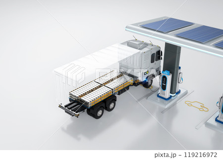 Ev logistic trailer truck or electric vehicle lorry at charging station 119216972