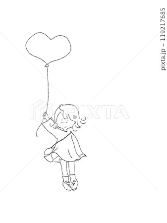 大きなハートの風船を持った女の子のイラスト(線画) 大きなハートの風船を持った女の子のイラスト(線画) 119217685