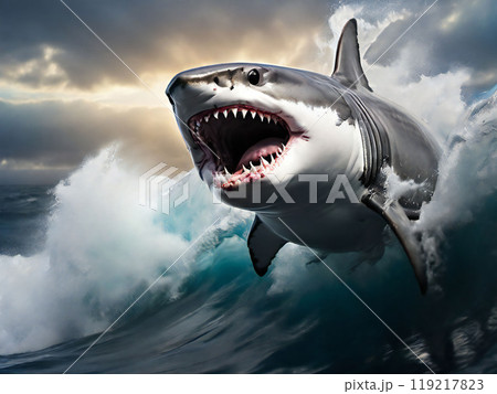 襲い掛かってくるホホジロザメ 119217823