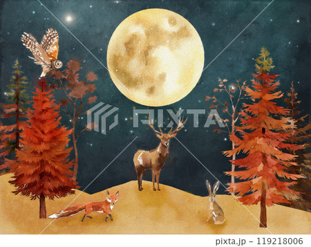 満月の夜と森の動物たち 119218006