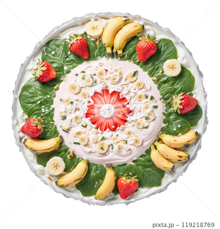 Smoothie fruits mandala a circular pattern of bananas strawberries and spinach leaves with ice cubes 119218769