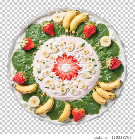 Smoothie fruits mandala a circular pattern of bananas strawberries and spinach leaves with ice cubes 119218769