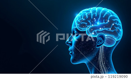 Human Brain Activity, Side Profile with Neural Network Visualization, Dark Blue Backdrop, Abstract Geometric Element Covering Face and Mind, Futuristic Neuroscience 119219090