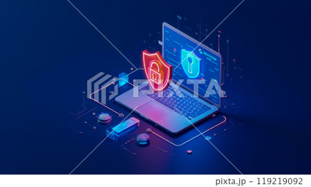 Cybersecurity Data Protection Concept Laptop Shield Icon Digital Safety Network Secure Access Control Privacy Firewall Software Hardware Encryption Technology System Defense 119219092