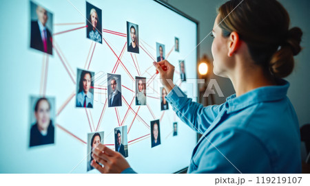 Female investigator analyzing crime board with photos and red strings in dimly lit room, concept of mystery solving and criminal investigation strategy Female investigator analyzing crime board with photos and red strings in dimly lit room, concept of mystery solving and criminal investigation strategy 119219107