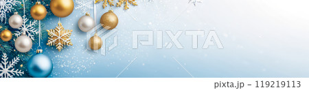Merry Christmas and Happy New Year banner. Elegant Blue Gradient Holiday Background, Festive New Year Celebration Decorative Banner, Traditional Christmas Ornaments Winter Theme 119219113