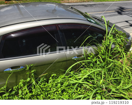 A silver car that has a broken tire and is covered with leaves 119219310